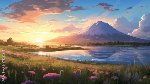 Beautiful landscape background. Cartoon summer sunrise with clouds, field and sunshine. Anime style © Alexander Kurilchik