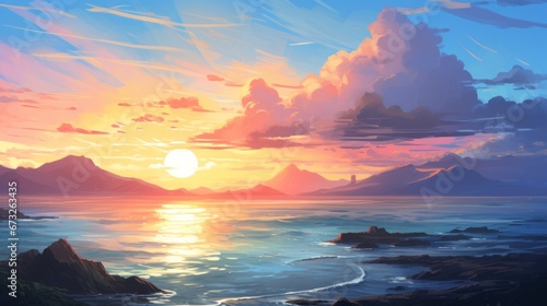 Gorgeous landscape with a cartoon summer sunrise, fluffy clouds, sea and a bright sun. © Alexander Kurilchik