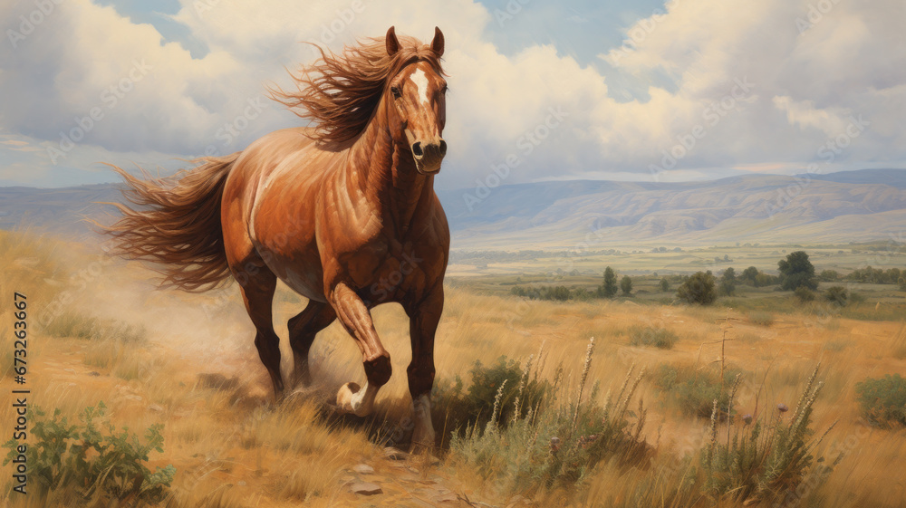 Obraz premium Painting of a horse running in the open grassland.