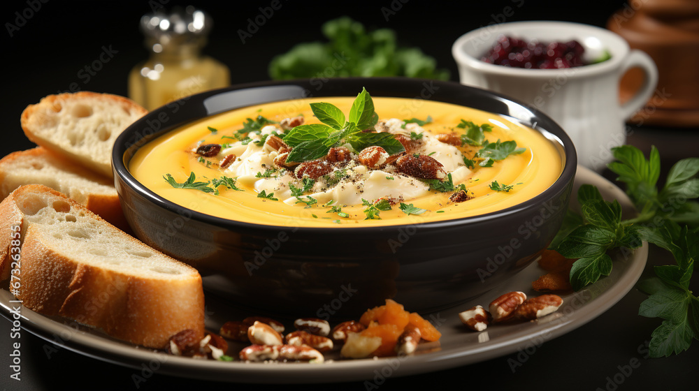 Delicious Creamy Pumpkin Traditional Soup in Bowl Selective Focus Background