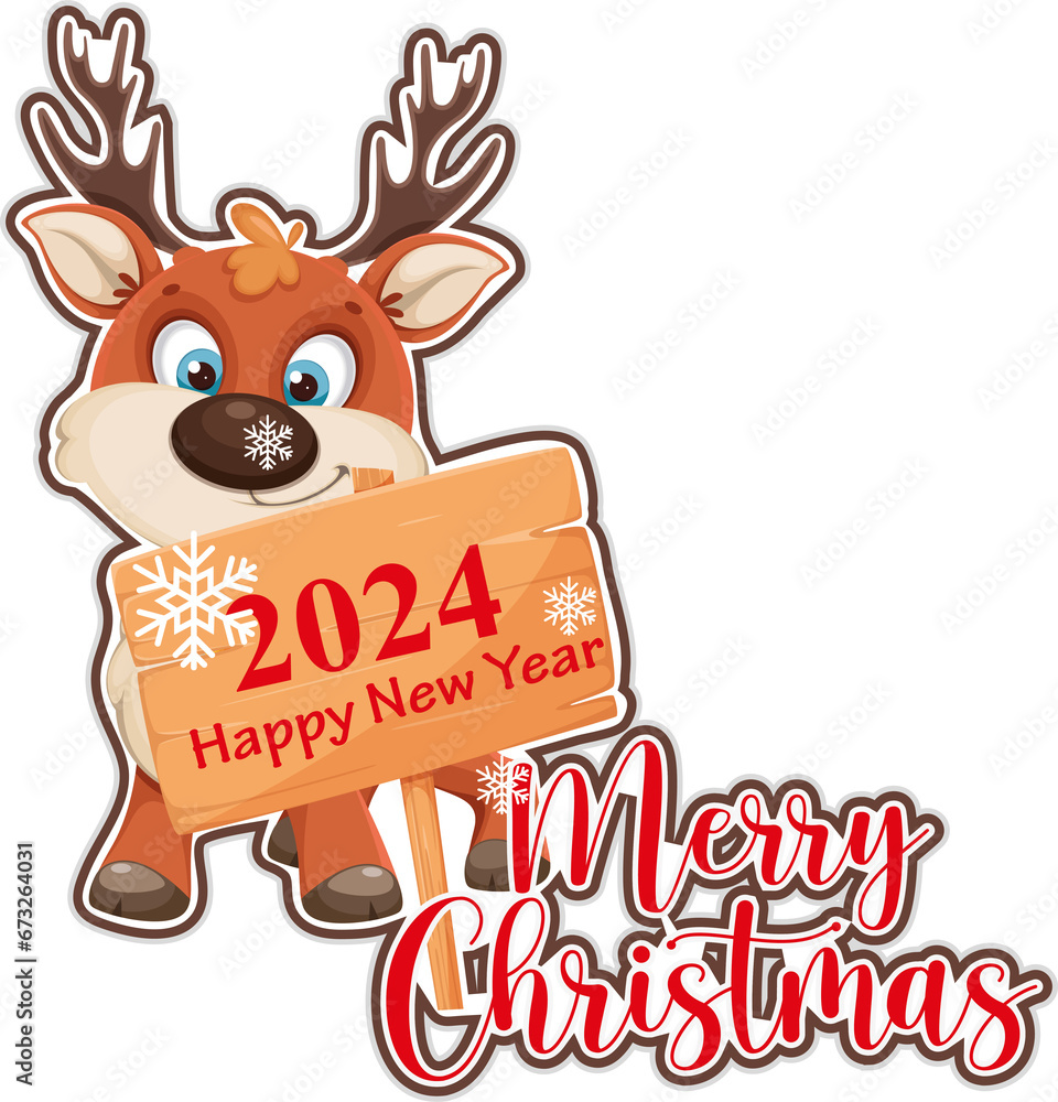 Merry Christmas and happy new year greeting card with cute deer. Holiday cartoon character in winter season. Merry Christmas and happy new year greeting card with cute deer. Holiday cartoon character in winter season.
