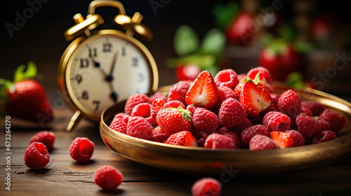 Intermittent Fasting Concept Theme of Fruits With Alarm Clock Background photo
