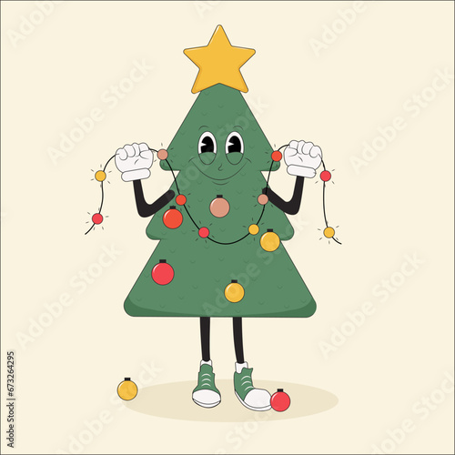 christmas tree with garland and ornaments in groove style,vector