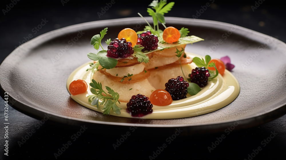 Luxurious Cuisine Exquisite dishes and Caviar on Selective Focus Background Luxurious Cuisine Exquisite dishes and Caviar on Selective Focus Background