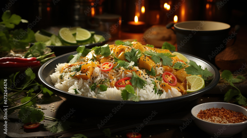 An Vegan Thai Curry With Steamed White Rice in a Plate Selective Focus Background An Vegan Thai Curry With Steamed White Rice in a Plate Selective Focus Background