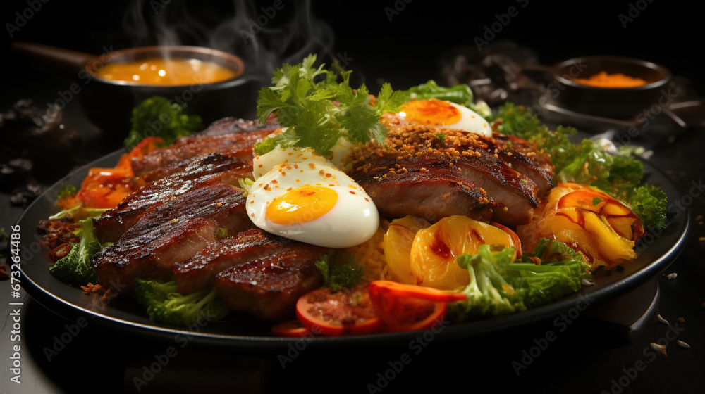 Traditional Classic Barbecued Ramen Dish in Plate on Blurry Background Traditional Classic Barbecued Ramen Dish in Plate on Blurry Background