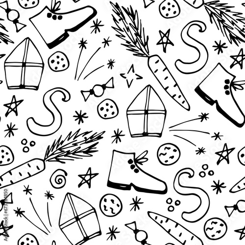 Simple hand drawn vector seamless pattern in doodle style. For prints of wrapping paper, gift box. Celebration of St. Nicholas Day, Sinterklaas. Ink sketch.