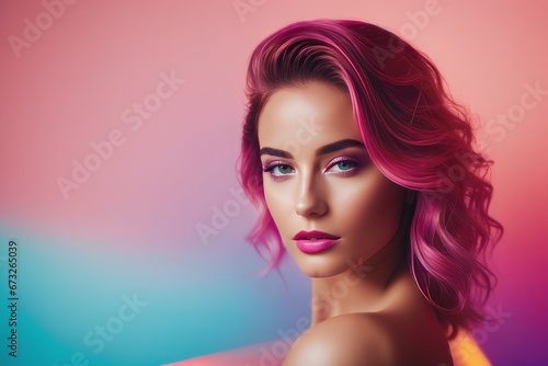 beautiful woman face with colorful hair beautiful woman face with colorful hair young attractive woman with pink lipstick on her head and looking at camera