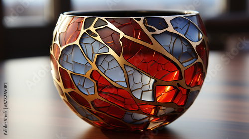 Colorful Kintsugi Bowl Gold Cracks Restoration on Old Japanese Pottery Restored Blurry Background photo