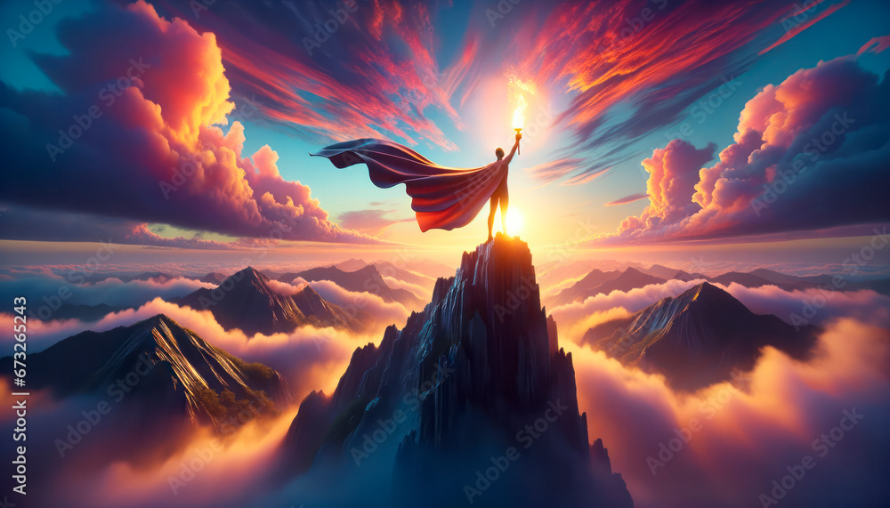 Super hero on top of the mountain at sunset. Success concept. Generative AI - obrazy, fototapety, plakaty 