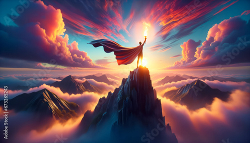 Super hero on top of the mountain at sunset. Success concept. Generative AI photo
