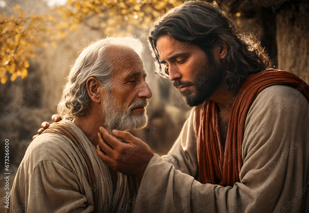 Jesus Christ heals a blind man. Religious biblical scene concept - obrazy, fototapety, plakaty 