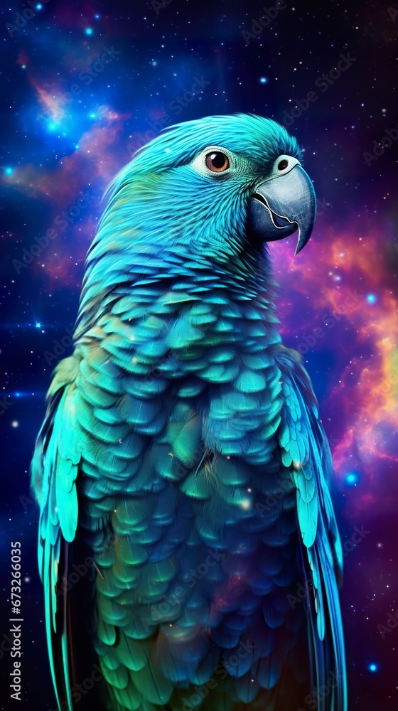 colorful fantasy parrot on space with stars and nebulas background, exotic vibrant and vivid macaw bird in cosmos wallpaper
