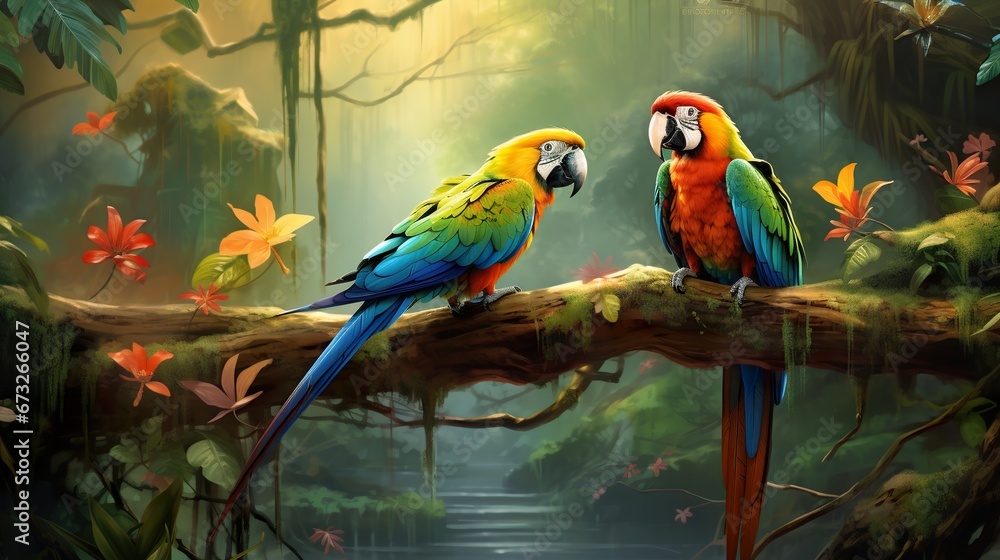 Obraz premium colorful and vibrant parrots sitting at branch in tropical jungle, vivid macaw birds at nature