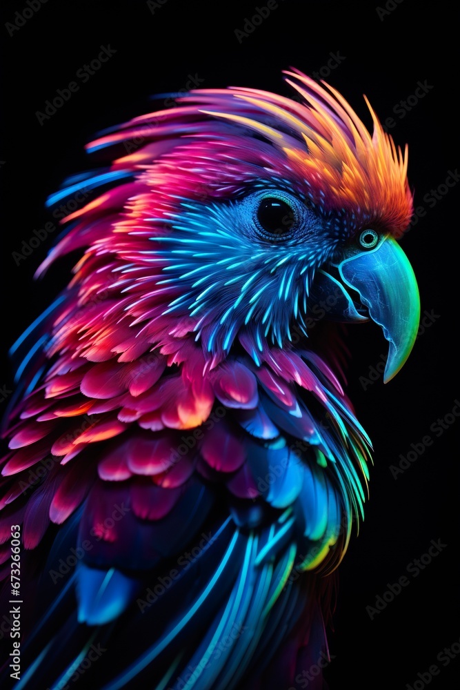 colorful fantasy parrot on black background poster, exotic vibrant and vivid macaw bird wallpaper