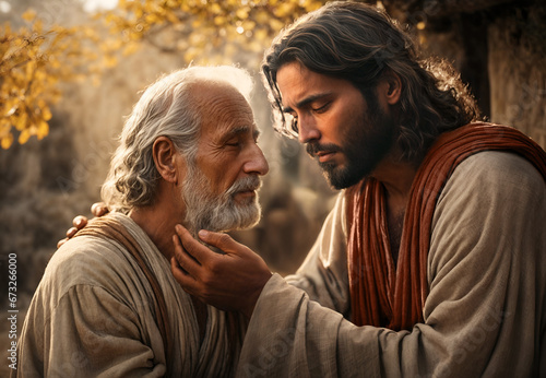 Jesus Christ heals a blind man. Religious biblical scene concept photo
