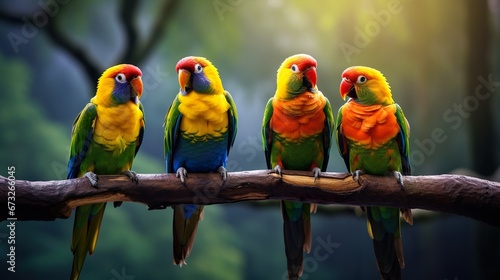 colorful and vibrant parrots sitting at branch in tropical jungle, vivid macaw birds at nature