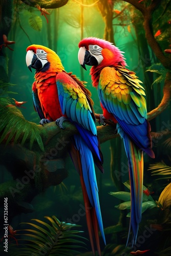 colorful and vibrant parrots sitting at branch in tropical jungle, vivid macaw birds at nature © goami