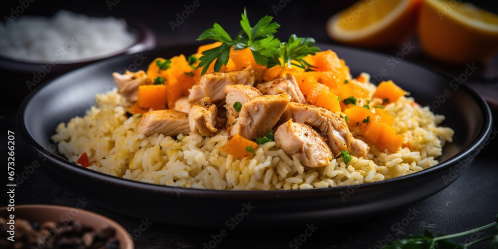 Delicious Chicken Dish with Rice Carots on Blurry Background Delicious Chicken Dish with Rice Carots on Blurry Background