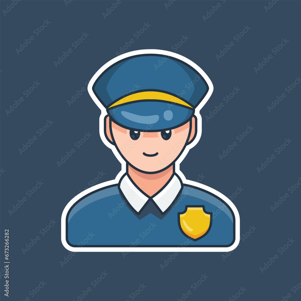 Unique cute policeman with a badge located on his uniform