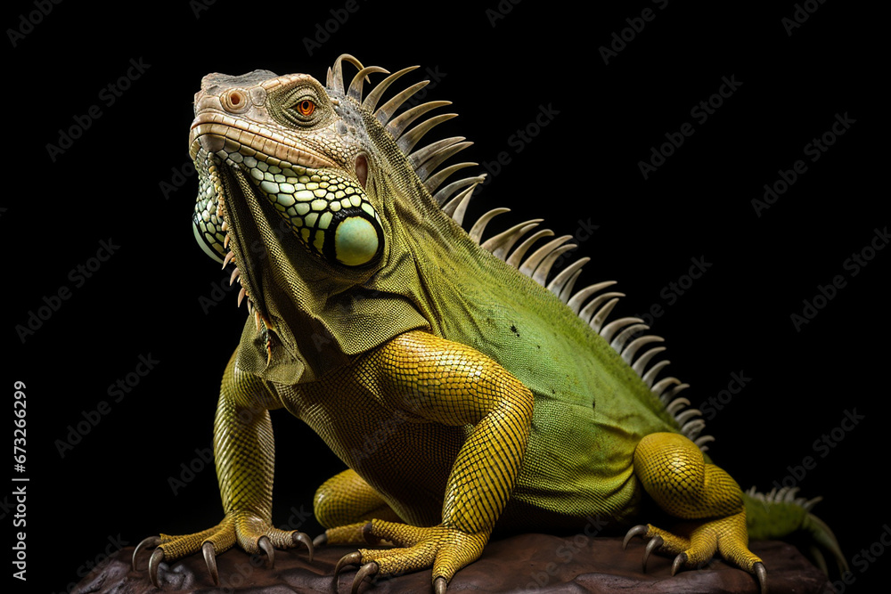Fototapeta premium Iguana, Iguana Face, Iguana On A Branch, Iguana In Black Background