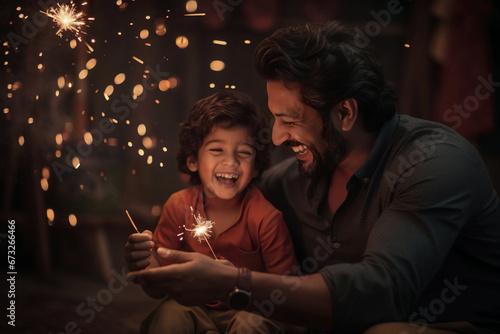 Happy Indian father and son celebrating Diwali festival with fire crackers. Diwali festival concept