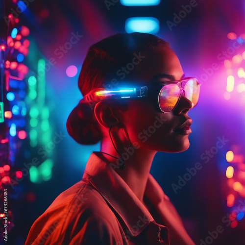 beautiful young woman in neon lights beautiful young woman in neon lights beautiful asian woman wearing glasses and neon lights