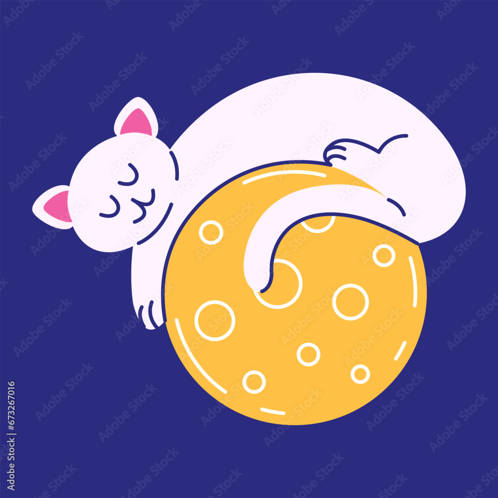 Cute sleeping cat on the moon. Vector illustration of a cat on the moon character in a flat, cartoon style. Cute sleeping cat on the moon. Vector illustration of a cat on the moon character in a flat, cartoon style.