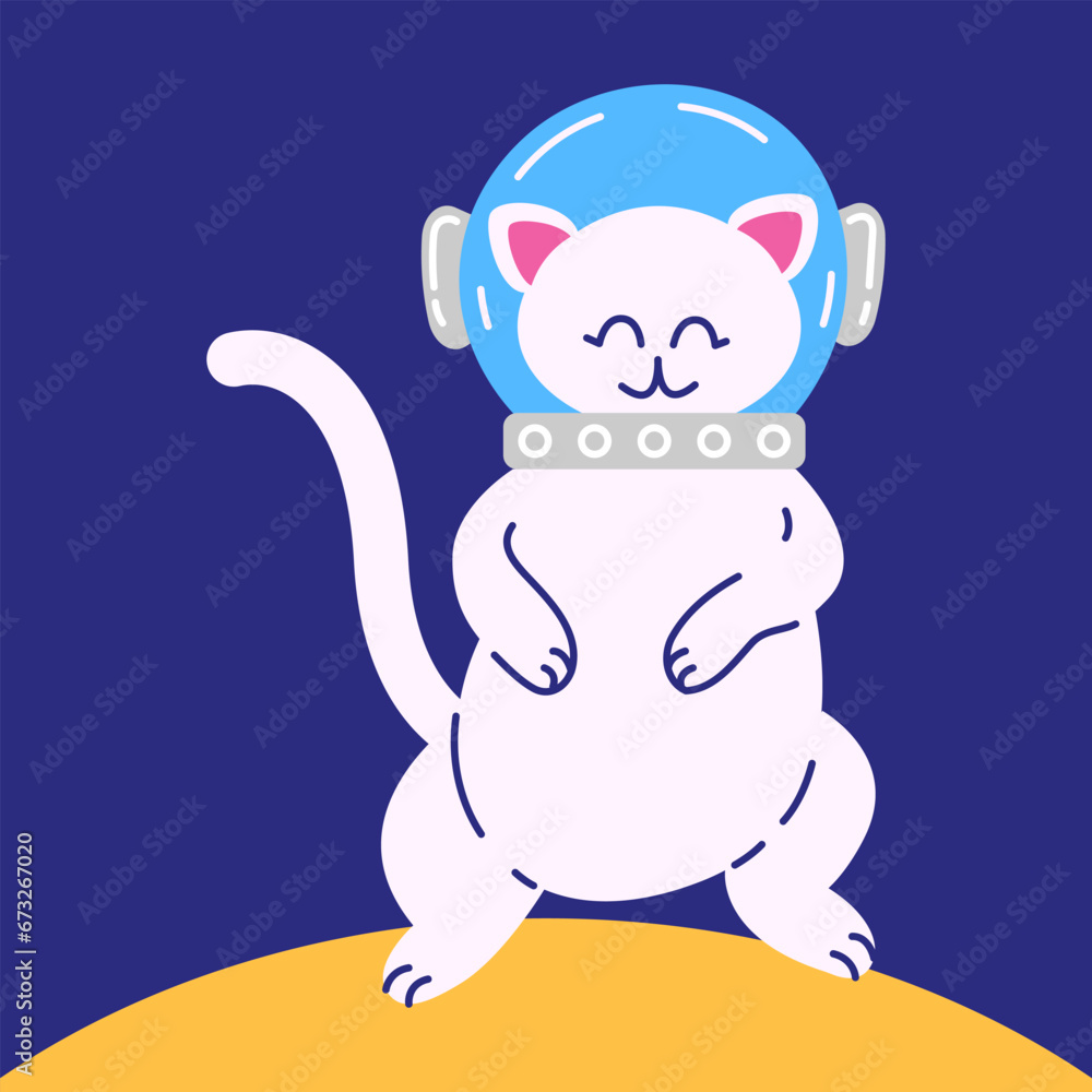 Happy cat in a spacesuit on the moon. Vector illustration of a cat character in an astronaut suit in a flat style. Happy cat in a spacesuit on the moon. Vector illustration of a cat character in an astronaut suit in a flat style.