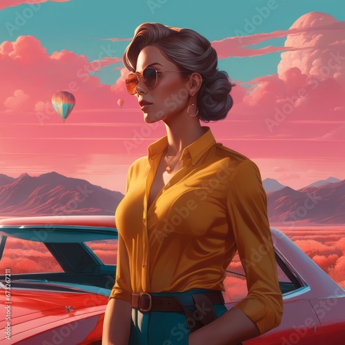 a beautiful girl with glasses, wearing a hat, with a red dress, a jacket, and sunglasses, standing in a desert, against aa beautiful girl with glasses, wearing a hat, with a red dress, a jacket, and s photo