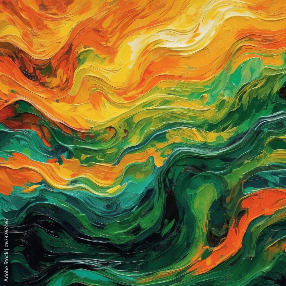 Obraz premium Abstract painted acrylic oil colour 3d texture, overlapping layers of green orange waving waves texture design illustration background. Decor concept. Wallpaper concept. Art concept. 3d concept.