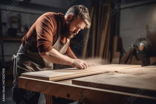 Carpenter man attend to making masterpiece woodworks handcrafted furniture fine measure in wood workshop.