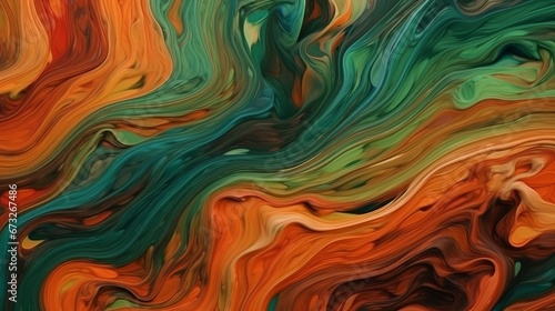 Abstract painted acrylic oil colour 3d texture, overlapping layers of green orange waving waves texture design illustration background. Decor concept. Wallpaper concept. Art concept. 3d concept.