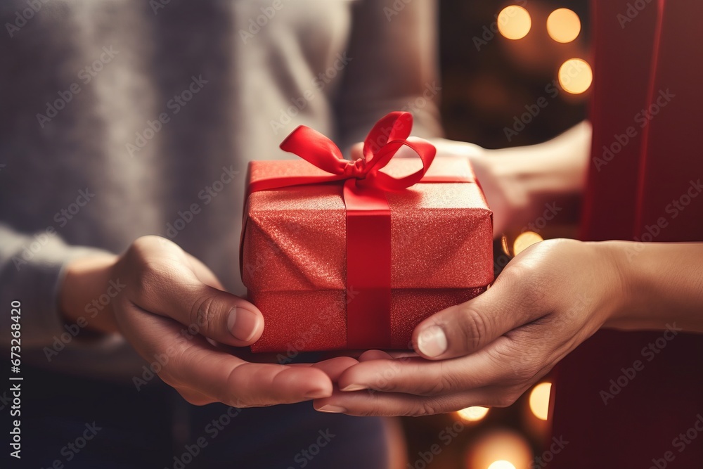 Small red gift box in a hands. AI generative Small red gift box in a hands. AI generative