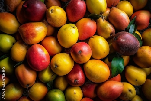 A vertical view of fresh mangoes on a background of fruits, vegetables, food materials, and mobile phone photography. Generative AI