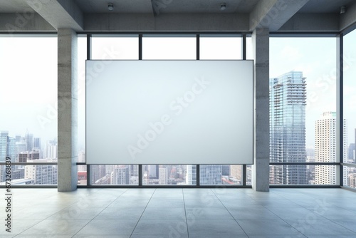 Empty billboard in bright room with large windows, customizable design. Digital rendering. Generative AI
