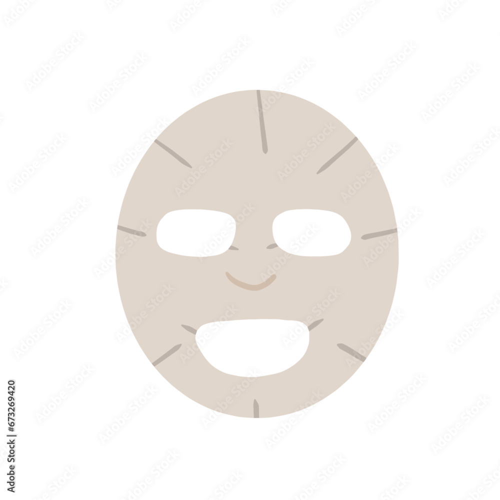 Sheet Face Mask. Skin hydrating or moisture. Facial skincare beauty cosmetic. Spa treatment product. Woman natural makeup with lotion. Cartoon illustration isolated on white Sheet Face Mask. Skin hydrating or moisture. Facial skincare beauty cosmetic. Spa treatment product. Woman natural makeup with lotion. Cartoon illustration isolated on white