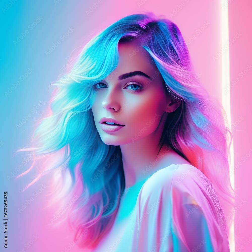 portrait of a woman with colorful neon lines.portrait of a woman with colorful neon lines.young beautiful woman with pink hair.