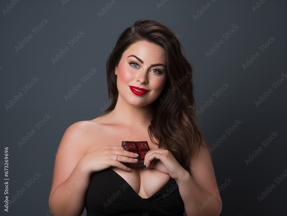 A smiling model with dark chocolate, studio shot A smiling model with dark chocolate, studio shot