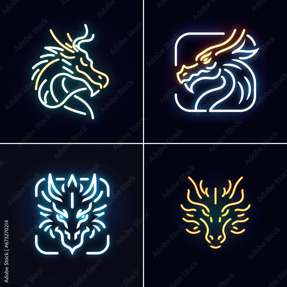 Set with Neon blue dragon on a dark background. Line art. Design concept for your logo. Futuristic, Asian, simbol of the 2024 year. Chinese New Year.