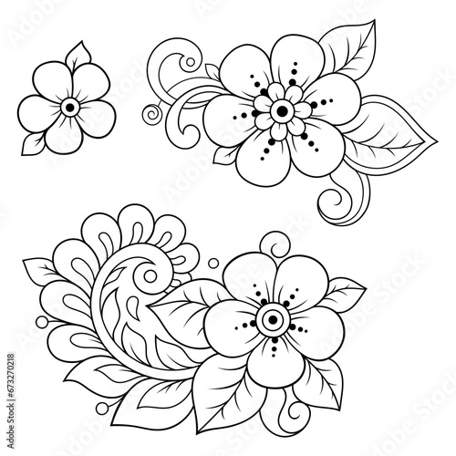 Set of Mehndi flower pattern for Henna drawing and tattoo. Decoration in ethnic oriental, Indian style. Doodle ornament. Outline hand draw vector illustration. photo