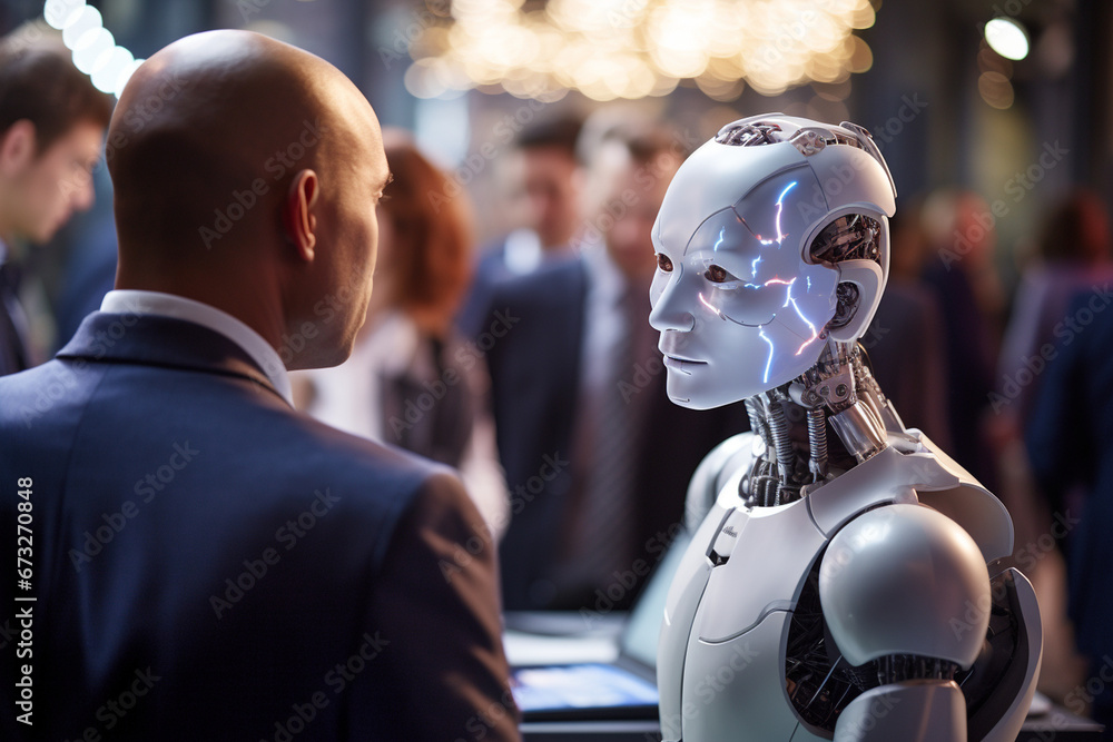 Close-up of a humanoid AI robot facilitating discussions at a conference, its advanced AI algorithms analyzing data and providing real-time insights to the participants Close-up of a humanoid AI robot facilitating discussions at a conference, its advanced AI algorithms analyzing data and providing real-time insights to the participants