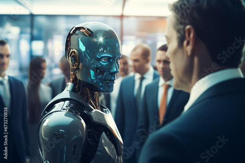 Close-up of an AI robot interacting with a diverse team of professionals, its facial recognition software registering their expressions and emotions during a crucial conference 