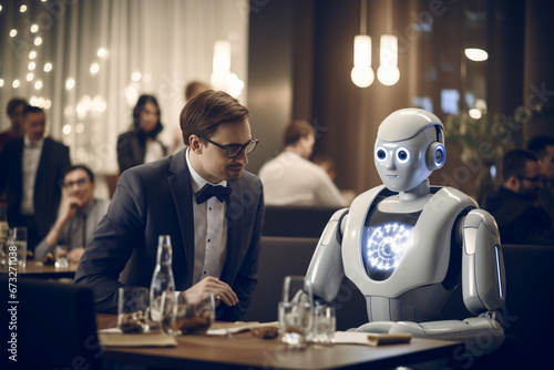 The AI robot's confident presence in a conference setting, contributing to a productive and interactive environment through its advanced communication skills 