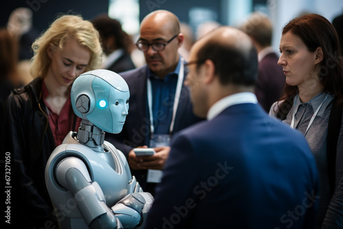 A close-up view of the AI robot analyzing data and interacting with conference attendees, ensuring that discussions remain relevant and fruitful 