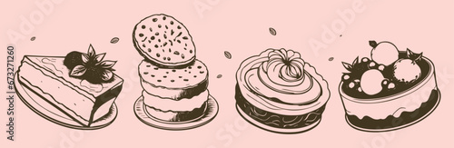 Vector collection of illustrations of sweet pastries of fruits and berries drawn in ink by hand. Vintage design kit. Traditional cake. Sweet pastries.
