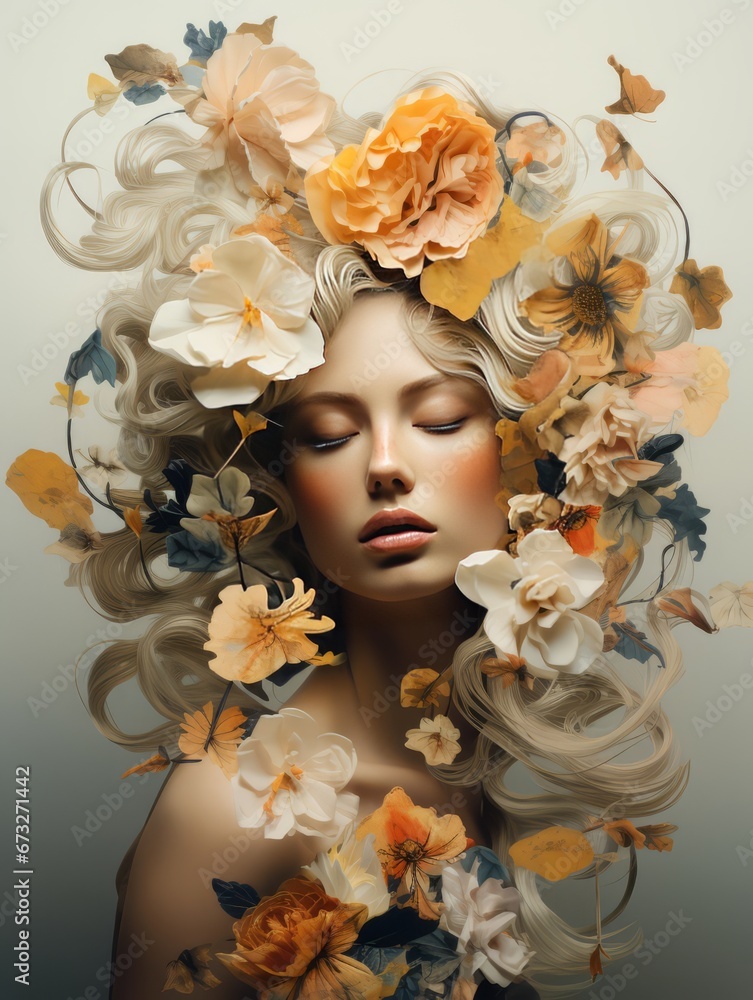 surreal double exposure photography woman's beautiful face and blooming flowers