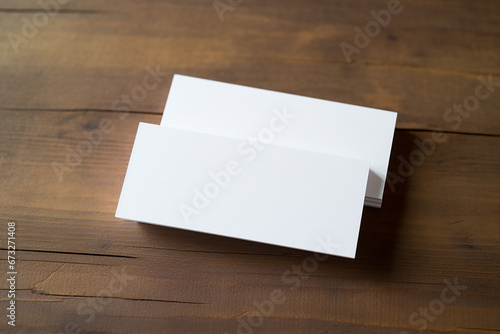 The template of the white blank  smooth business card stack places on the wooden background. Generative AI.