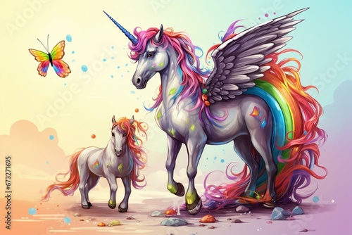 A cartoon stallion horse with hooves  neighing  and a toy unicorn with wings  a horn  and a magical rainbow coloring in a fantasy fairy tale. Generative AI