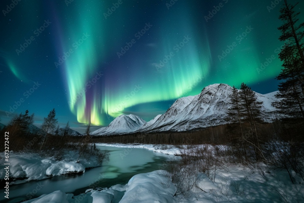 Stunning glacial aurora borealis. Generative AI